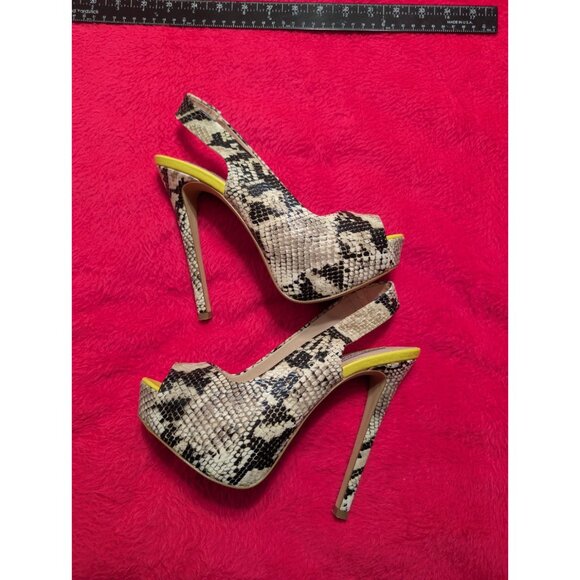 Steve Madden ADIN Snakeskin Neon Yellow Platform Peep Toe Slingback Heels 8M - Picture 2 of 9